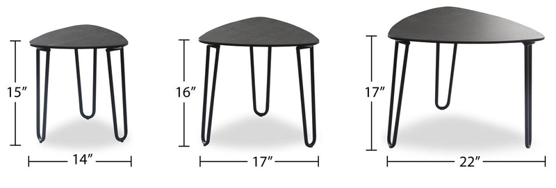 Hamilton 22\" Modern Triangular 3-Pack Nesting Tables - Grey Marble Look Top with Black Metal Legs