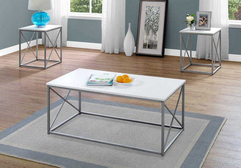 Kasey 42.25\" Modern 3-Pack Coffee + 2 End Tables - White with Grey Metal Base