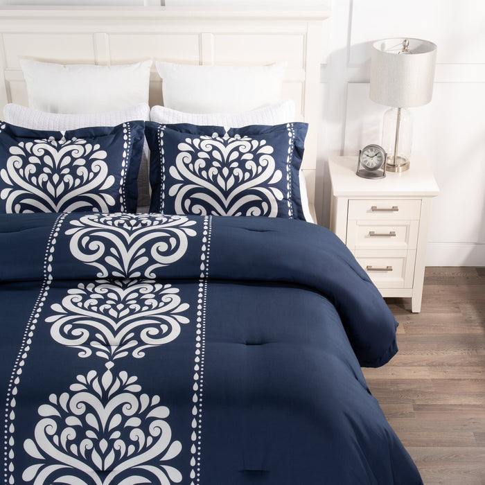 Navy Damask 3-Piece King Comforter Set