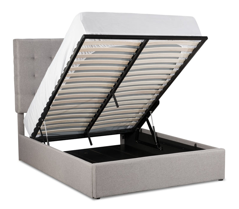 Jace Upholstered Storage Platform Bed in Taupe Fabric, Tufted - Full Size