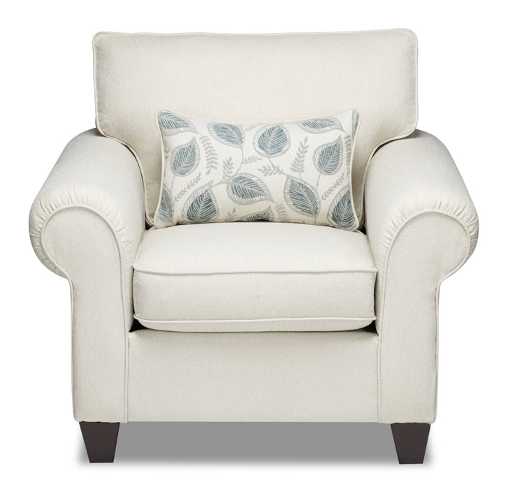 Made in Canada Scarlett 41.5\" Chenille Fabric Chair with Rolled Arms and Accent Pillow - Ecru Beige