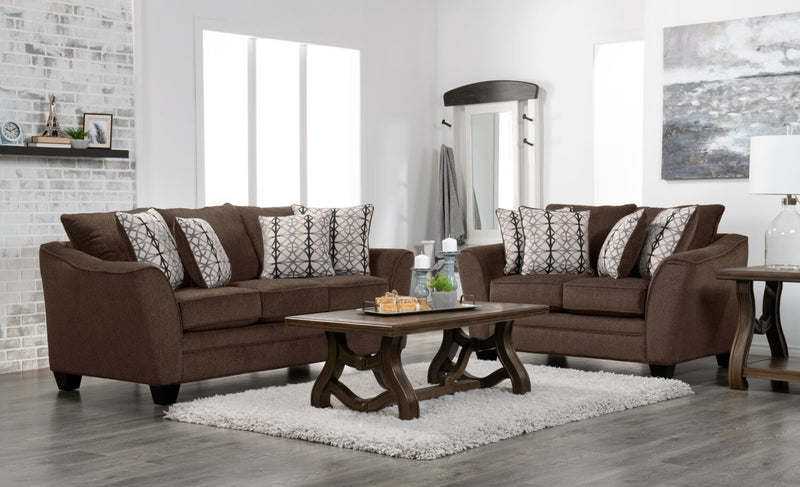 Made in Canada Febe 85\" Chenille Fabric Condo-Size Sofa with Flared Arms and Accent Pillows - Brown