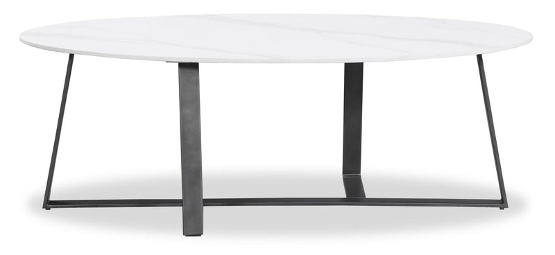 Kort & Co. Nico 51\" Modern Oval Coffee Table - White Sinetered Stone with Dark Grey Metal Legs