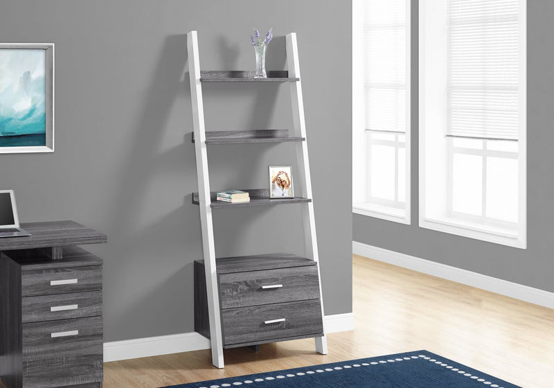 Ronan 25.5\" Ladder Bookcase with Open Shelves & 2-Drawers - Grey & White