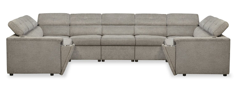 Savvy 5-Piece Linen-Look Fabric Sectional with Adjustable Headrests, Cupholders and USB Port - Grey