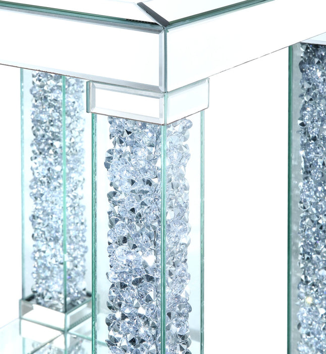 Berni 47.4\" Glam Mirror & Glass Top Sofa Table with Shelf - Silver Metal with Diamond Look Legs