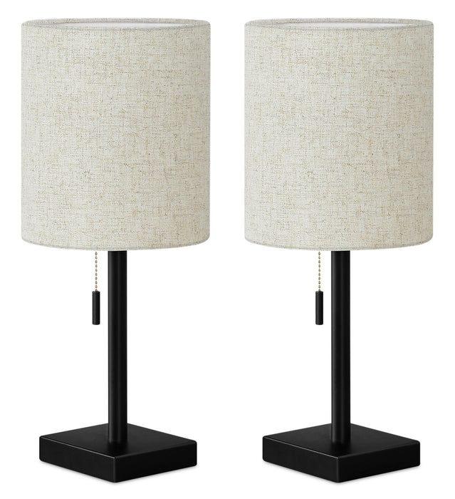 17\" Black Metal 2-Piece Set, with Two Table Lamps and USB Charging
