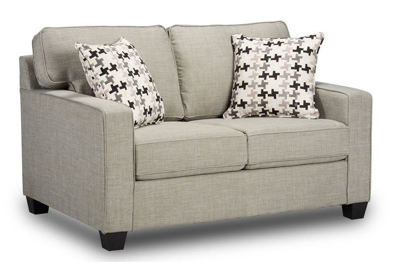 Made in Canada Sawyer 57\" Linen-Look Fabric Loveseat with Reversible Cushions and Accent Pillows - Light Grey