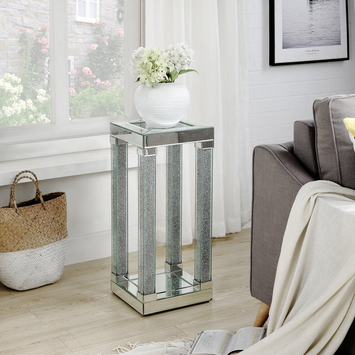 Berni 12\" Glam Mirror & Glass Top Chairside Table with Shelf - Silver Metal with Diamond Look Legs