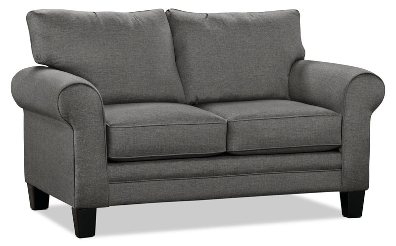 Made in Canada Tula 65\" Fabric Loveseat with Rolled Arms and Accent Pillows - Steel Grey