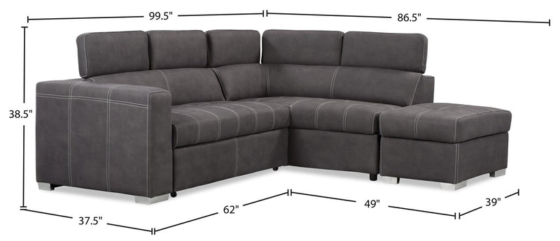 Drake 3-Piece Right-Facing Faux Suede Fabric Sleeper Sectional with Storage Ottoman - Cement Grey