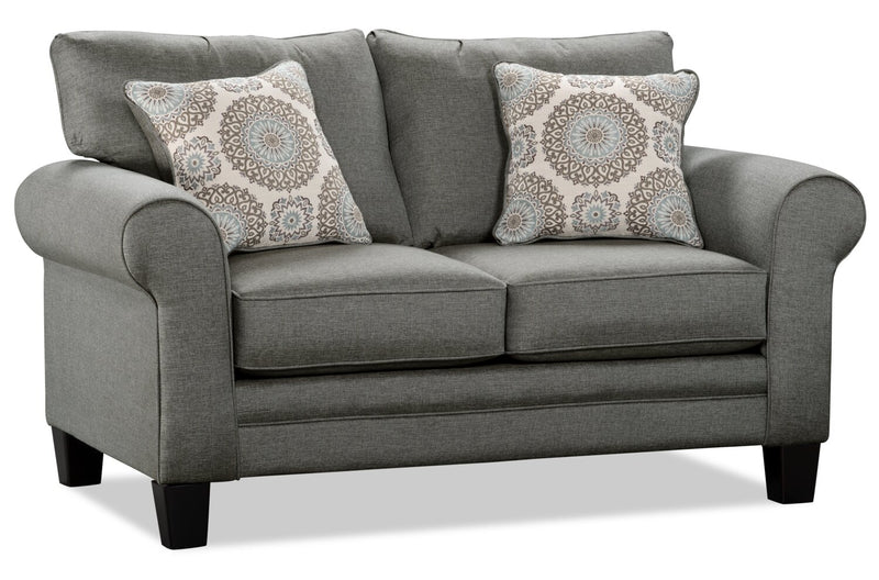 Made in Canada Tula 65\" Fabric Loveseat with Rolled Arms and Accent Pillows - Steel Grey