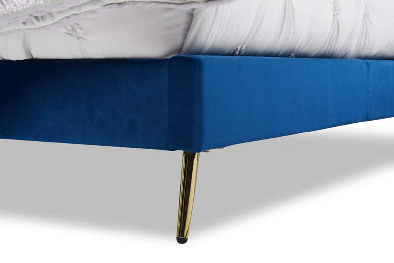 Gabi Upholstered Bed in Blue Velvet Fabric with Gold Finish Legs, Button Tufted - King Size