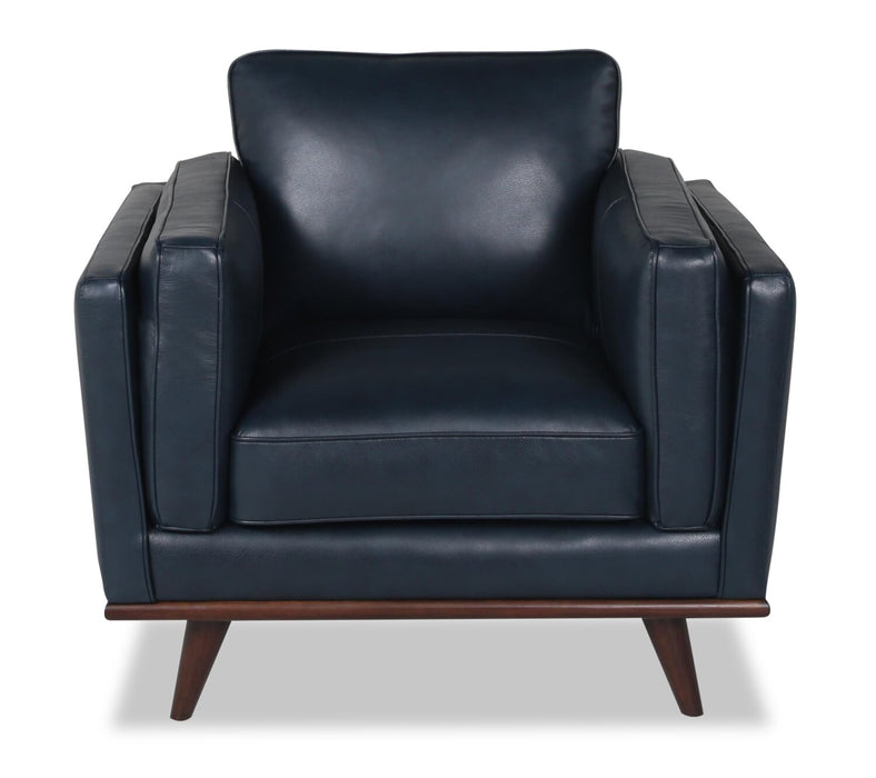 Vivia 40\" Genuine Leather Chair with Removable Seat Cushion and Wood Base - Navy Blue