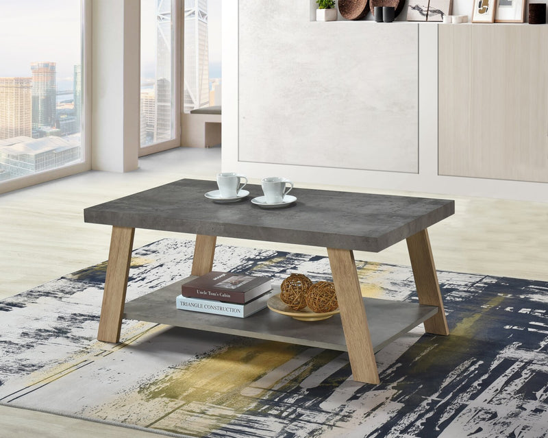 Kelly 43.3\" Modern Coffee Table with Shelf - Grey Stone Top with Light Wood Legs