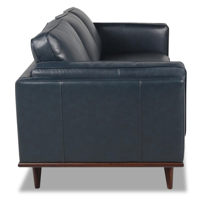 Vivia 86\" Genuine Leather Sofa with Removable Seat Cushions and Wood Base - Navy Blue