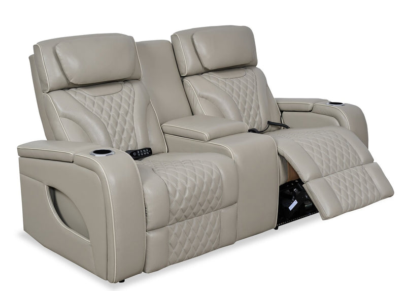 Elite 74\" Genuine Leather Massage Power Reclining Loveseat with Power Headrests and Storage Arms - Grey