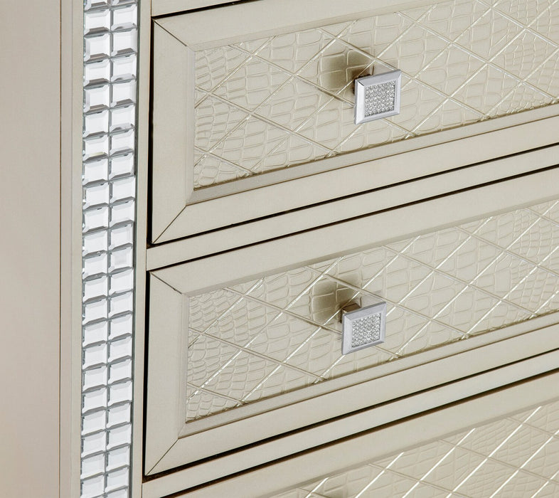 Tyra 6pc Bedroom Set with Bed, Dresser, Mirror & Nightstand, Glam, Vegan Leather, Champagne - King Size