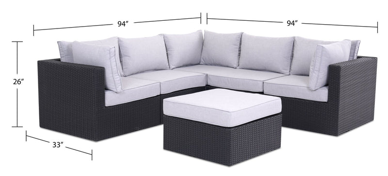 Minnesota 6-Piece Outdoor Patio Set with 3 Corner Chairs, 2 Armless Chairs & Ottoman - Hand-Woven Resin Wicker, Olefin Fabric, UV & Weather Resistant - Grey