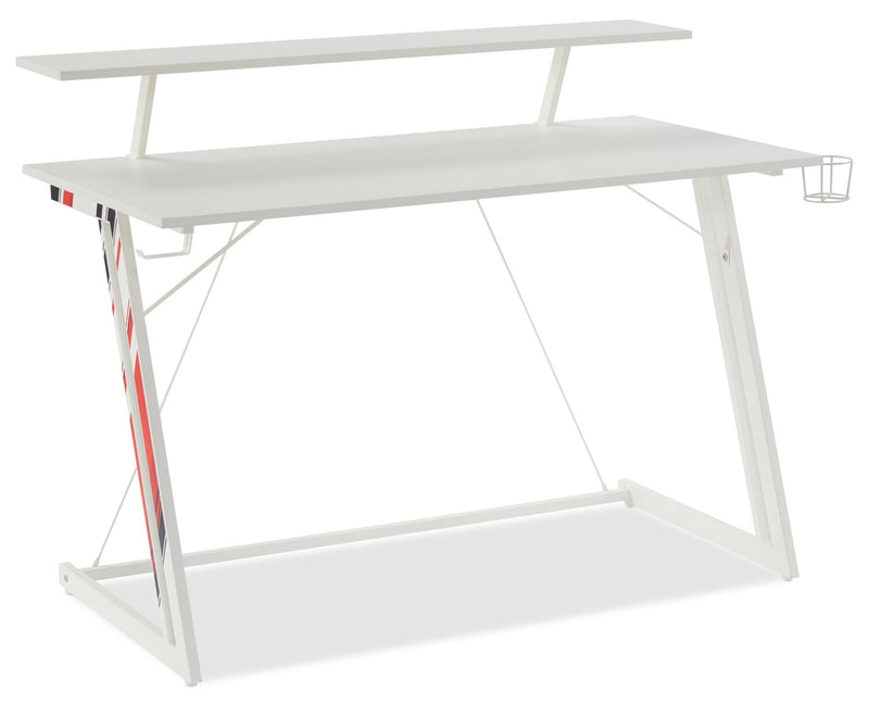 Sparta 48\" Gaming Office Desk with Raised Monitor Shelf - White with Black & Red Accents