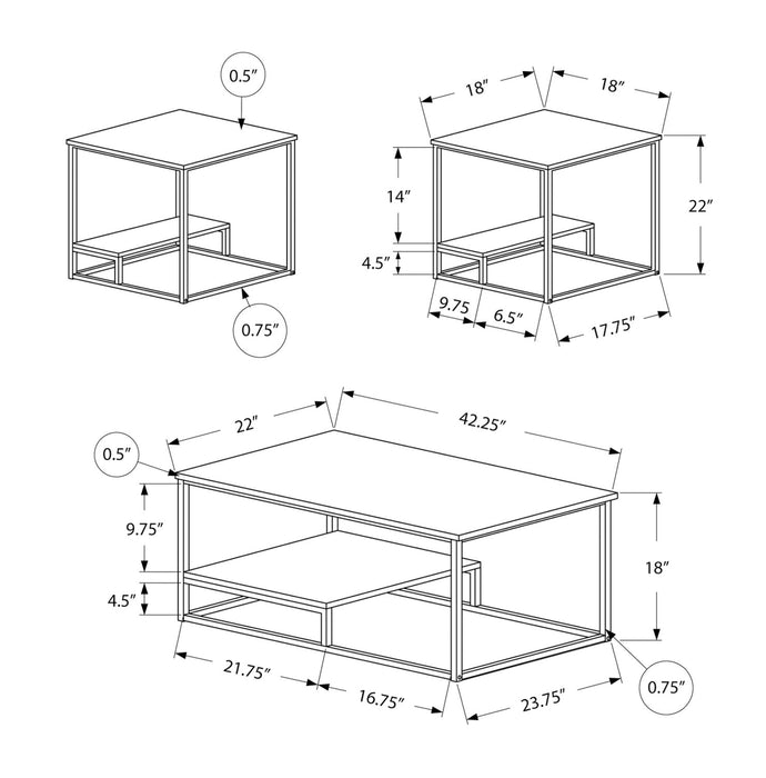 Jules 42.25\" Modern 3-Pack Coffee + 2 End Tables with Shelf - White with Grey Metal Frame