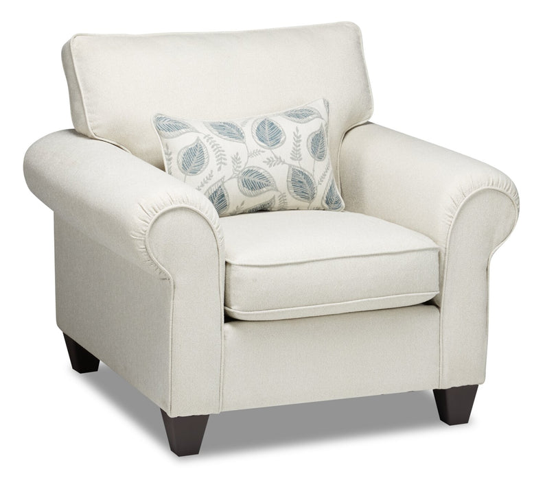 Made in Canada Scarlett 41.5\" Chenille Fabric Chair with Rolled Arms and Accent Pillow - Ecru Beige