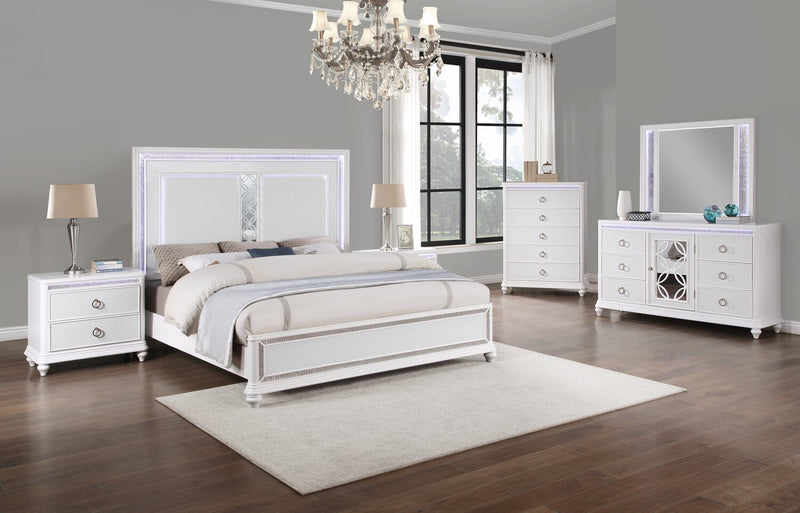 Ava Panel Bed with Headboard & Frame, LED, Glam, White - King Size