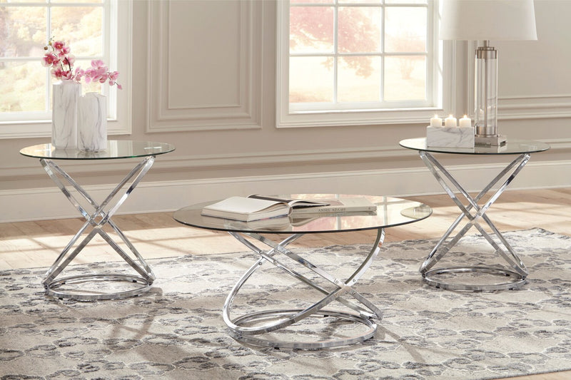 Hollynx 38\" Glam Round 3-Pack Coffee + 2 End Tables - Silver Metal Base with Glass Top