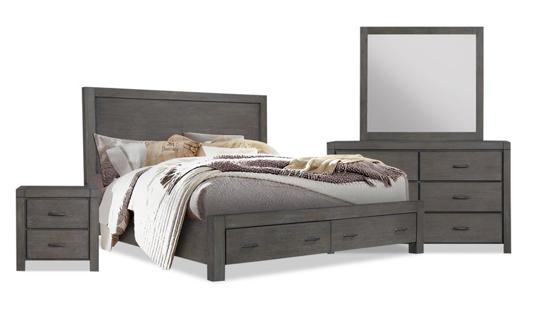 Koda 6pc Bedroom Set with Storage Bed, Dresser, Mirror & Nightstand, Wooden, Grey - King Size