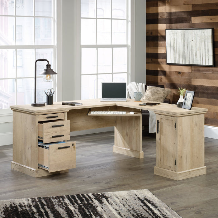 Akira 65.12\" L-Shaped Office Desk with Keyboard Tray, 3-Drawers & Cabinet - Prime Oak