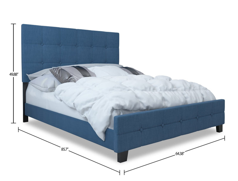Page Upholstered Bed in Blue Linen-Look Fabric, Button Tufted - Queen Size
