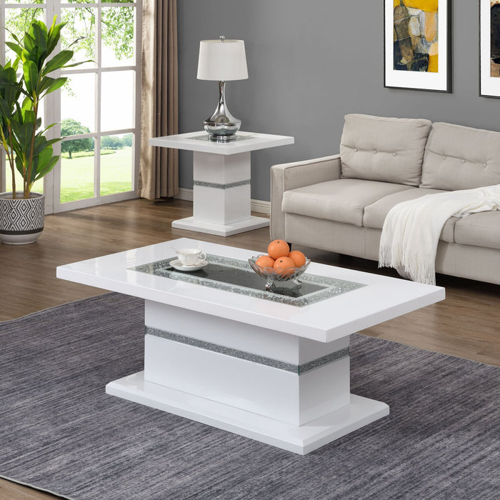 Garbo 26\" Glam End Table - White and Silver with Glitter Accents