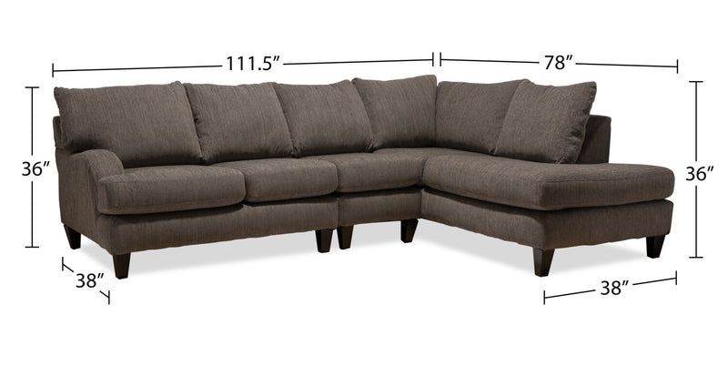 Made in Canada Nofia 3-Piece Right-Facing Chenille Fabric Sectional with  Accent Pillows and Wood Legs - Charcoal Grey