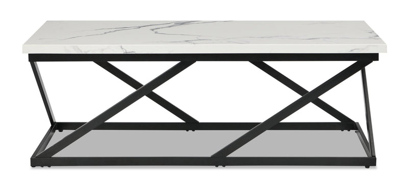 Verona 47.25\" Modern Coffee Table - White Marble Look with Black Metal Base