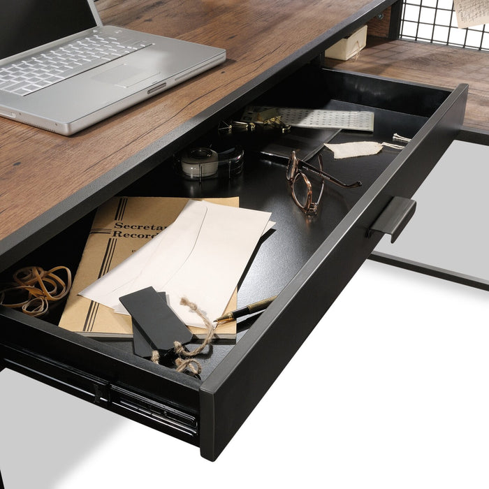 Tayla 60.67\" L-Shaped Office Desk with 2-Drawers & Cabinet - Vintage Oak & Black