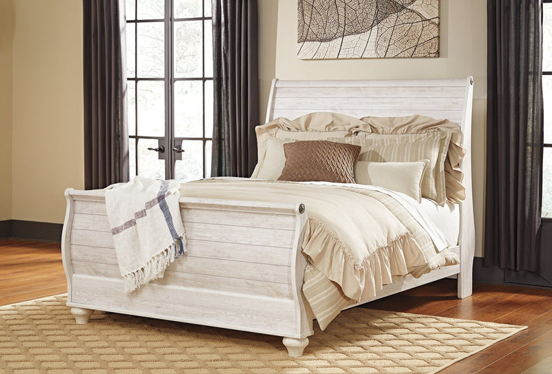 Willowton Sleigh Bed with Headboard & Frame, Whitewash - Queen Size