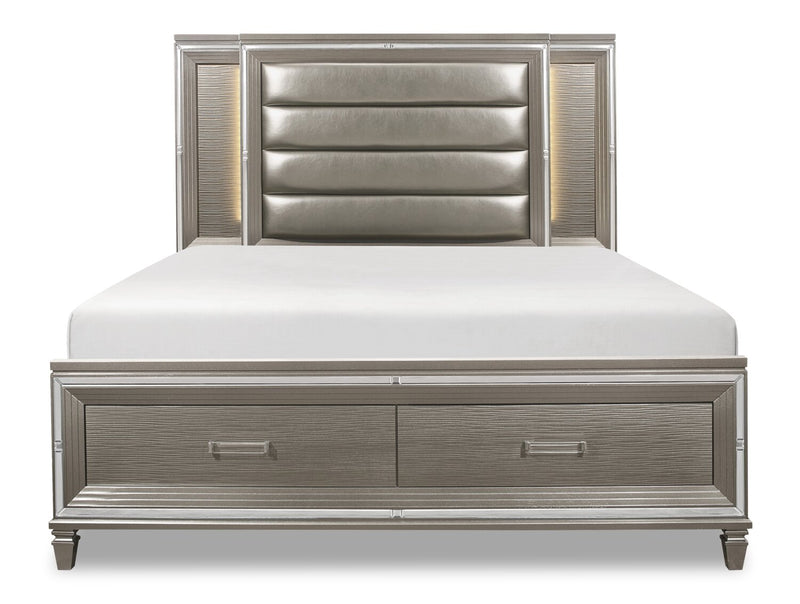 Max Platform Storage Bed with Headboard & Frame, LED, Vegan Leather, Glam, Silver - King Size