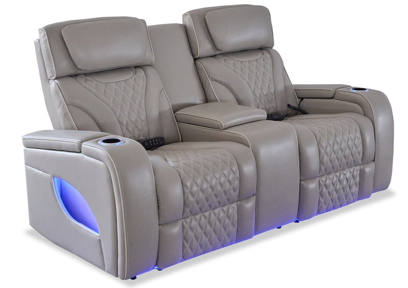 Elite 74\" Genuine Leather Massage Power Reclining Loveseat with Power Headrests and Storage Arms - Grey