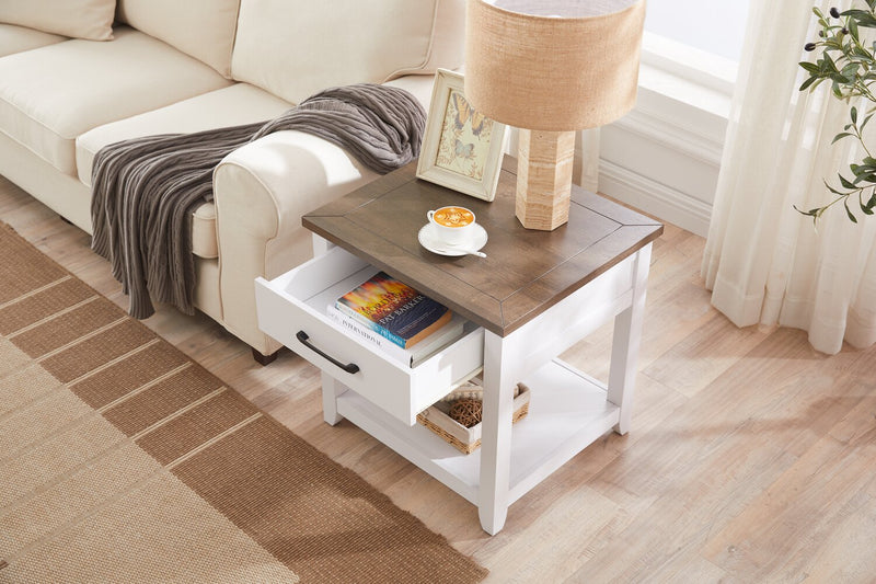 Kort & Co. Logan 22\" Traditional End Table with Storage and Shelf - White and Walnut Oak
