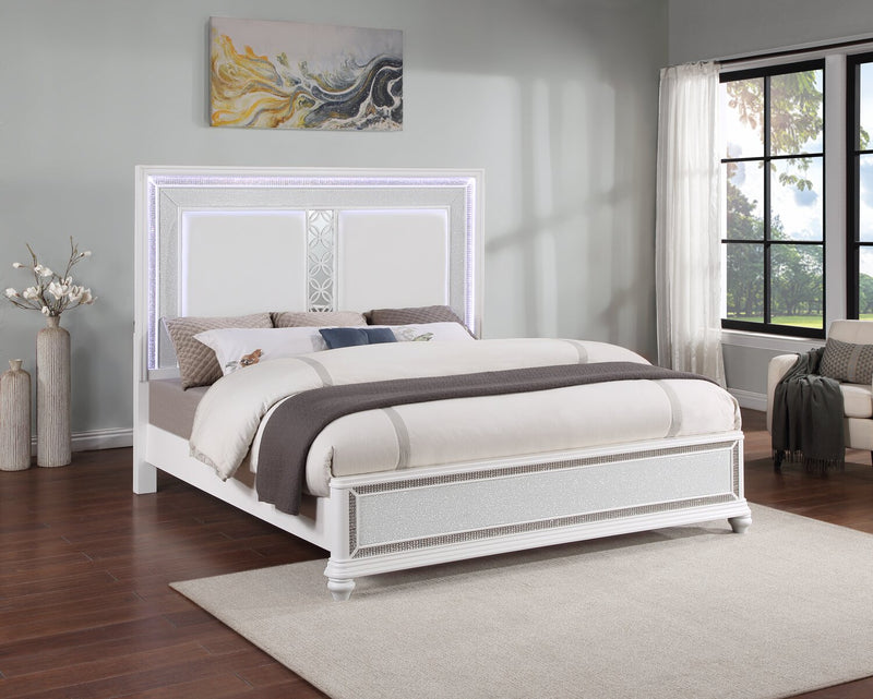Ava Panel Bed with Headboard & Frame, LED, Glam, White - King Size