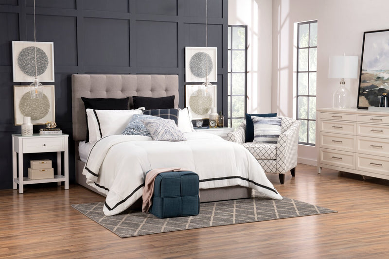 Jace Upholstered Storage Platform Bed in Taupe Fabric, Tufted - Full Size