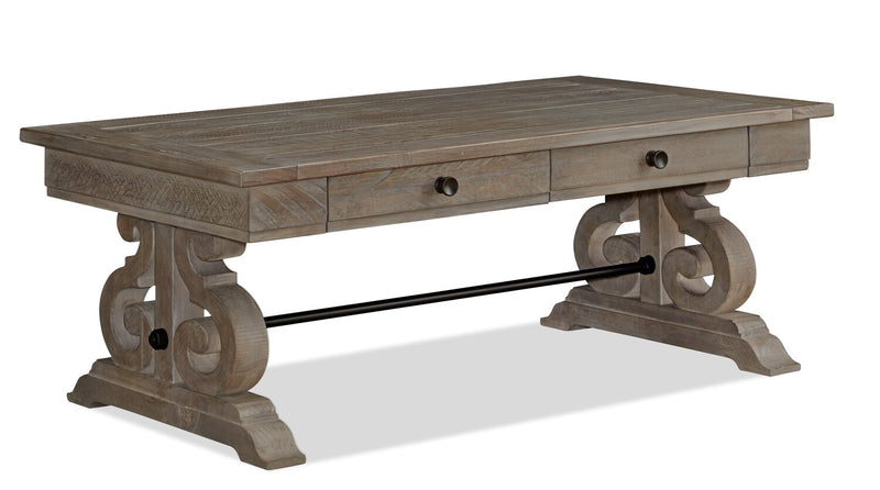 Tinley Park 50\" Traditional Coffee Table with Storage and Shelf - Grey-Brown Pine with Scroll Design Base