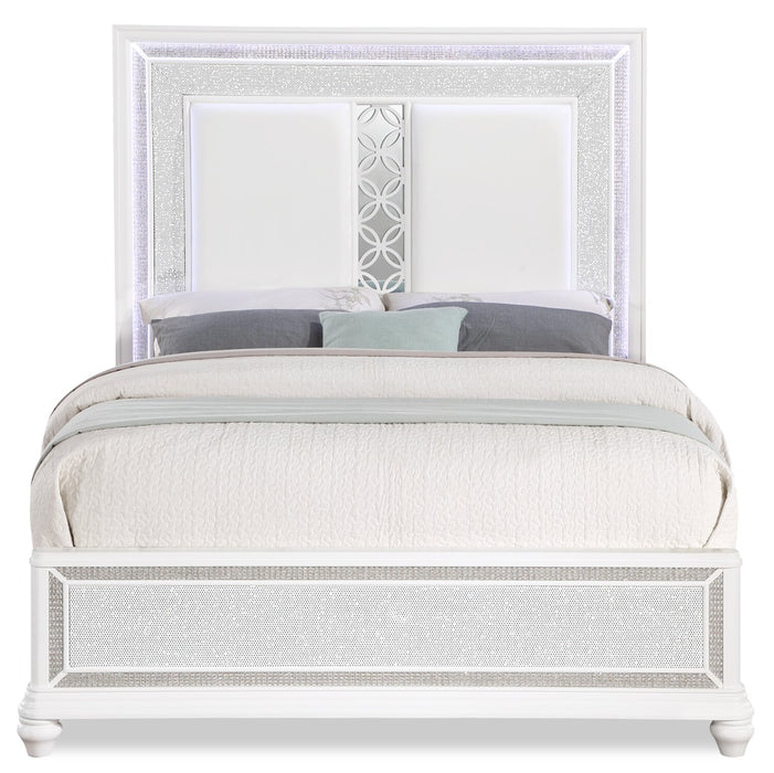 Ava Panel Bed with Headboard & Frame, LED, Glam, White - Queen Size