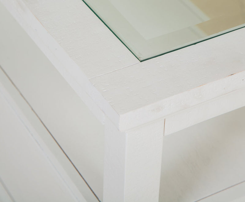 Heron Cove 15\" Traditional Glass Top End Table with Storage and Shelf - White Pine