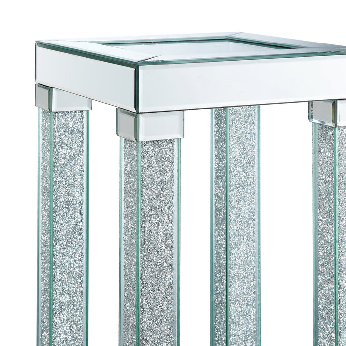 Berni 12\" Glam Mirror & Glass Top Chairside Table with Shelf - Silver Metal with Diamond Look Legs