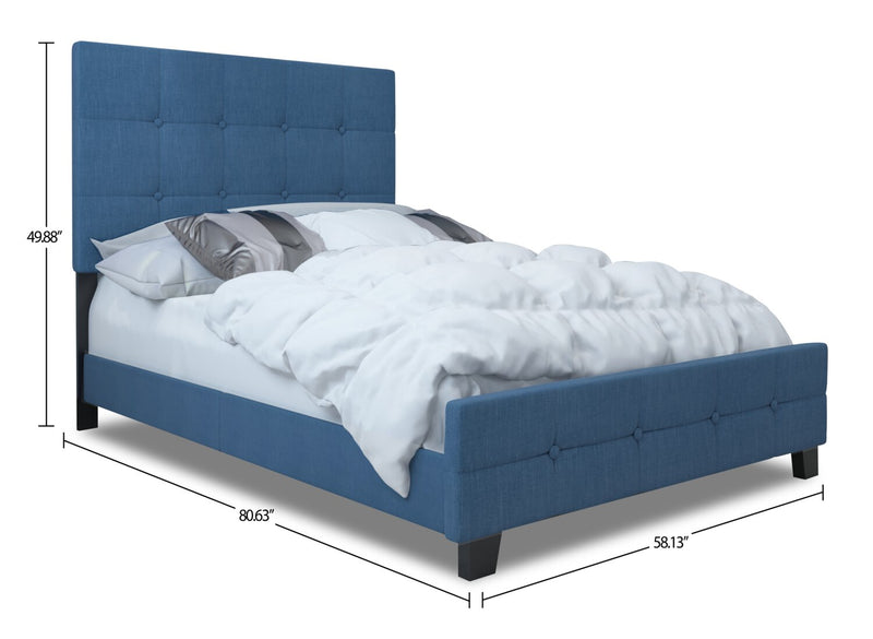 Page Upholstered Bed in Blue Linen-Look Fabric, Button Tufted - Full Size