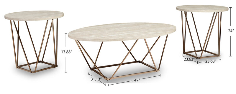 Tarica 47\" Modern Oval 3-Pack Coffee + 2 End Tables - Cream and Gold with Metal Legs