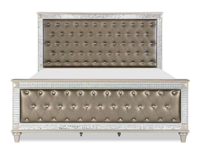 Tyra Panel Bed with Headboard & Frame, Glam, Vegan Leather, Button-Tufted, Champagne - Queen Size