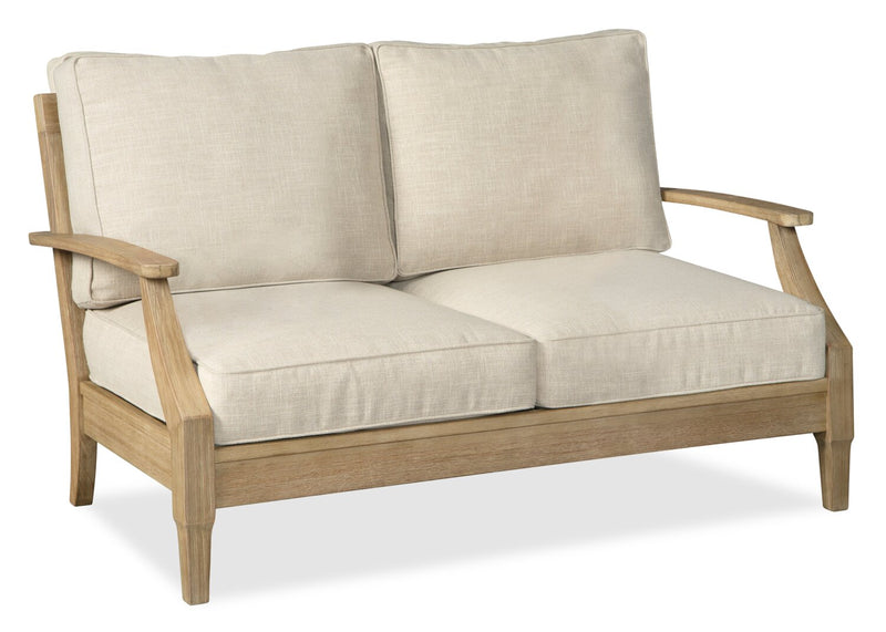 Juno Outdoor Patio Loveseat - Eucalyptus Wood & Nuvella Fabric, UV & Weather Resistant - Natural/Beige