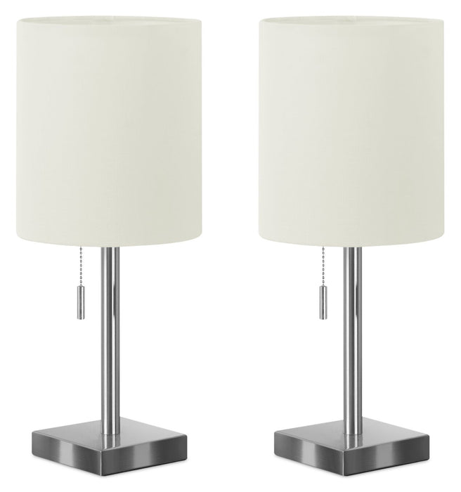 17\" Nickle Metal 2-Piece Set, with Two Table Lamps and USB Charging